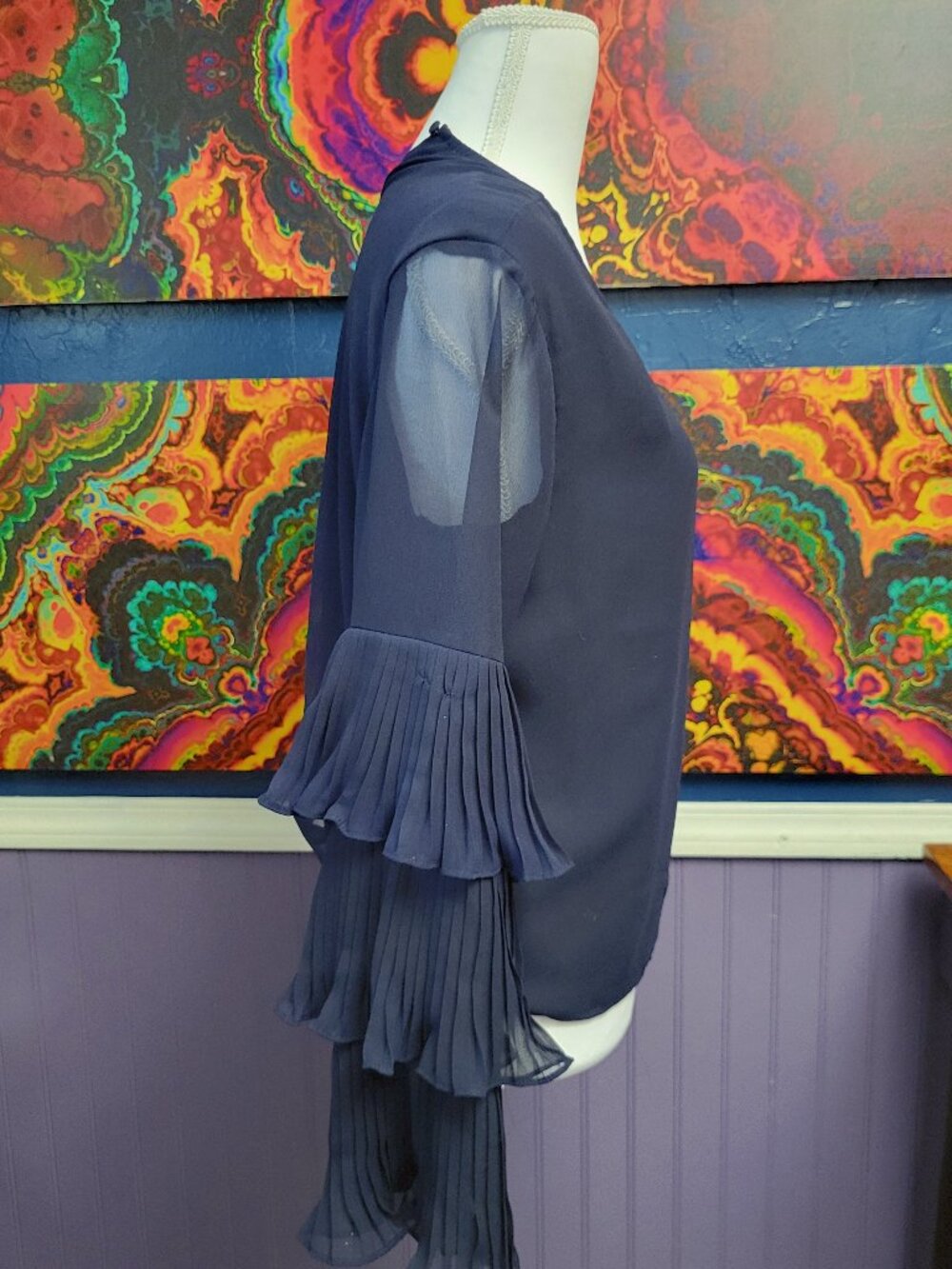 ~ Size X Small ~ See Through Sleeve ~ Huge 3 Tiered Bell Sleeve ~ Round Neck ~